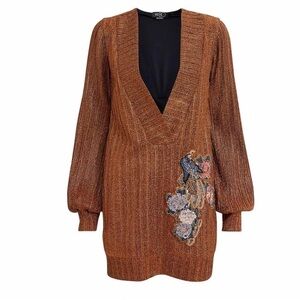 PatBo Lurex Embellished Deep V Neck Tunic Mini Dress Size XS Copper